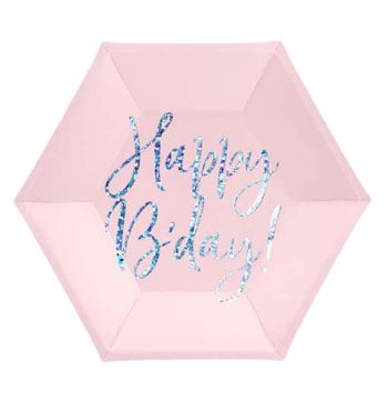 Πιάτα Γλυκού Ροζ ''Happy Birthday'' - 6 τμχ.