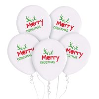 Mπαλόνια Άσπρα Merry Christmas Ταρανδάκι - 5 τμχ.